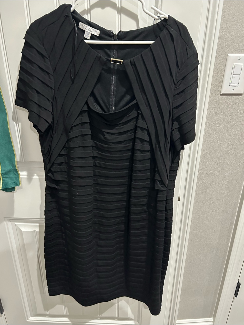 London Times Black Pleated Midi Dress with Capelet